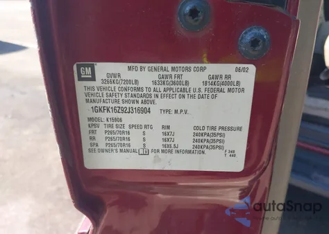 2002 GMC Yukon Xl Slt z USA, uszkodzony, nr VIN 1GKFK16Z92J316904